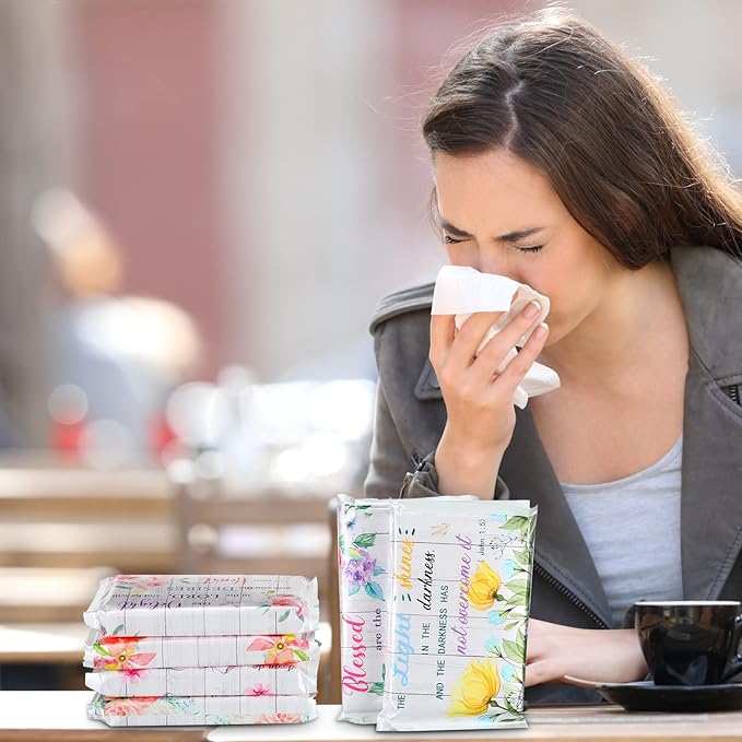 24 Packs Travel Size Tissue Pocket Slim Pack Facial 3 Ply Wallet Size Pocket Tissues for Travel Wedding Party Favors, 6 Styles(Flower Bible)