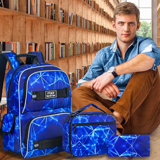 3Pcs Backpack for Girls Boys, 17 Inch School Bookbag with Lunch Box, Durable Laptop Backpacks Set for Teens College