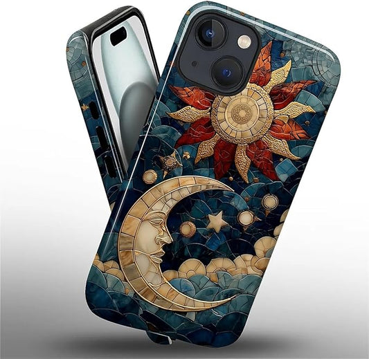 Case for iPhone 15 Plus Case,Sun Moon Stars Faux Stained Glass Design Hybrid Dual Protection Silicone + Hard PC Shockproof Full Body Cover Slim Anti-Scratch Protective Case for Men Women