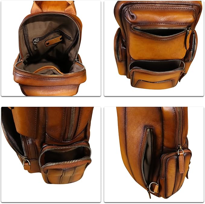 IVTG Genuine Leather Sling Bag Crossbody Casual Hiking Daypack Vintage Handmade Chest Bag Shoulder Backpack Motorcycle Pack (Brown)