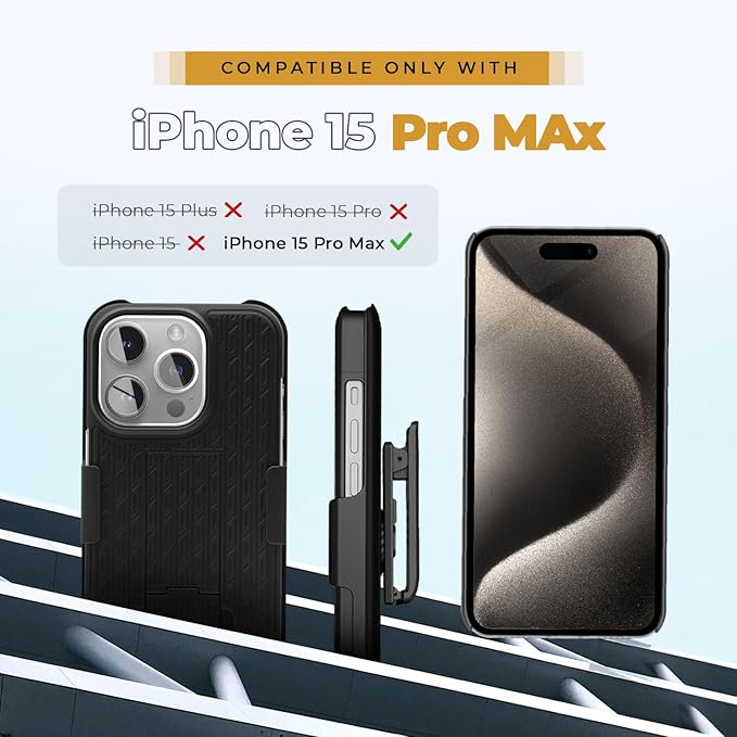 MOTIVE for iPhone 15 Pro Max Case with Belt Clip, Shell Holster Combo for Apple iPhone 15 Pro Max Holster, Slim Rugged Case, Drop Shockproof Protective Cover & Kickstand, 6.7 inch | Black