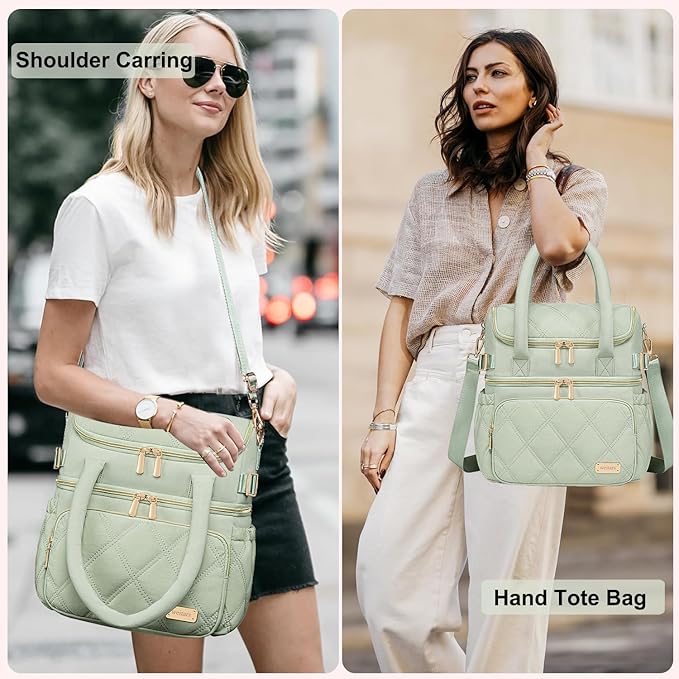 Weitars Lunch Bag for Women Men,Double Deck Lunch Box for Women,Quilted Lunch Tote for Work,Insulated Lunch Cooler Leakproof Lunchbox for Adult with Shoulder Strap &Pockets for Picnic Hiking (Green)