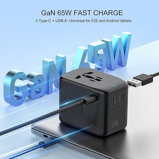 Universal Travel Adapter, HICITY All in One European GaN Travel Plug Adapter, PD 65W Quick Charging, 3 Type C & 1 USB International Travel Adapter, Worldwide AC Outlet for USA/EU/UK/AUS (Type C/G/A/I)