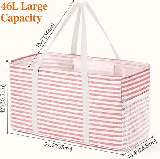 Lifewit Extra Large Tote Bag, Reusable Grocery Bags with Metal Wire Frame and Handles, Standing Utility Foldable Shopping Bags for Storage, Picnics, Beach, Pool, Laundry, Car, Camping, 1 Pack, Pink