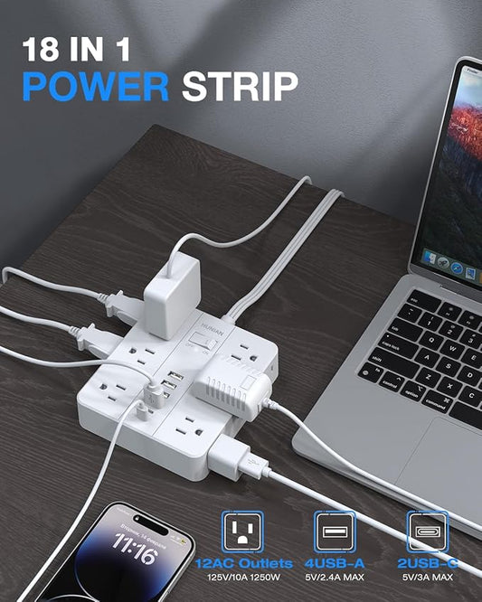 Flat Plug Power Strip Surge Protector, Flat Extension Cord Indoor 20 Feet, HUNIAN 12 Widely Spaced Outlets with 6 USB (2 USB C Ports), Desk Charging Station for Home Office Supplies, White