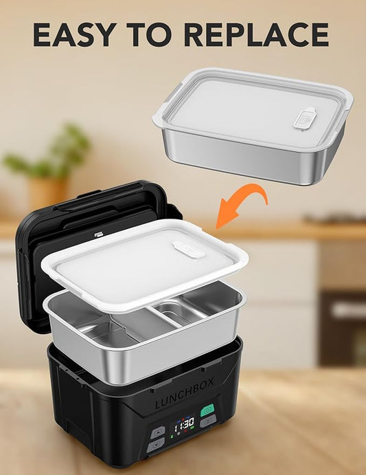 EAST OAK Stainless Steel Inner Container with Lid for Cordless Electric Lunch Box, 5.5 Cups Meal Container for Portable Heated Lunch Box with Removable Tray Divider, Dishwasher Safe