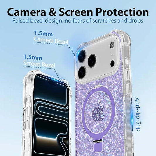 Magnetic for iPhone 17 Pro Case with Invisible Stand, Compatible with MagSafe, Clear Bling Sparkle Shockproof Slim Anti-Slip Military Drop Protection Hard Phone Case 6.3" Glitter Purple