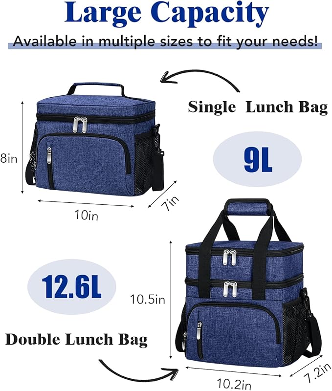 Insulated Lunch Bag for Men & Women - Leakproof Lunch Box Soft Cooler Tote, Adjustable Strap, Reusable Lunch Box for Work Office Picnic Beach Travel-Navy Blue