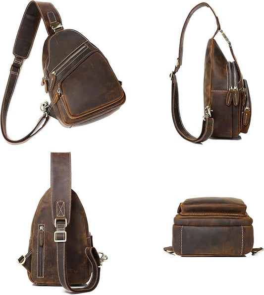 Genuine Leather Sling Bag for Men Women Backpack Chest Shoulder Satchel Crossbody Bags Casual Outdoor Daypack