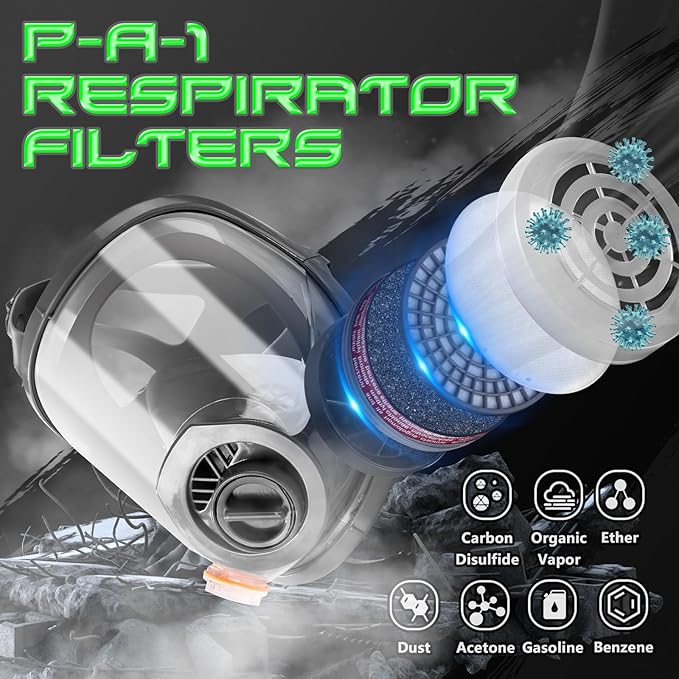 HANUU Gas Masks Survival Nuclear and Chemical, Gas Mask with 40mm Activated Carbon Filter and P-A-1 Filters, Tactical Full Face Respirator Mask for Vapor Chemicals Spray Paint Resin Dust (2 Pack)