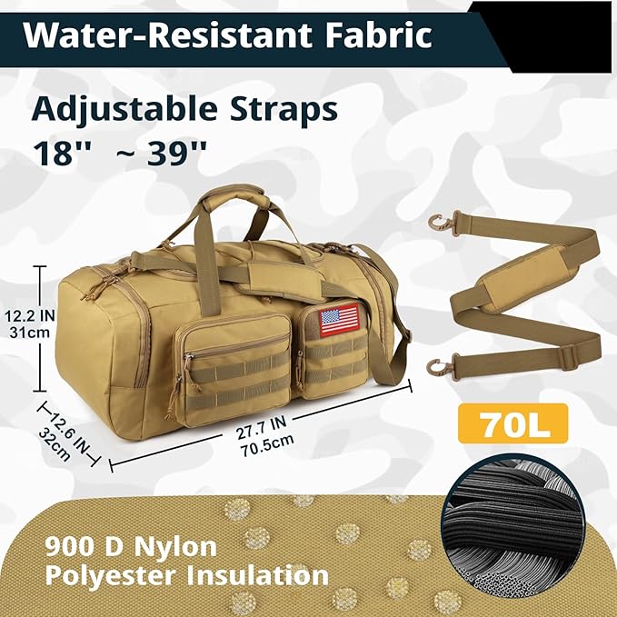 Tactical Gym Bag for Men,70L Large 3 in 1 Sports Duffle Bag with Shoes Compartment for Travel,Water Resistant Travel Backpack Weekender Overnight Bag with Wet Pocket for Women