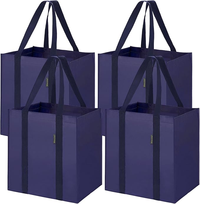 BALEINE 4 PK Grocery Bags Reusable Shopping Bags with Reinforced Bottom, Heavy Duty Foldable Tote Bags (Navy Blue)