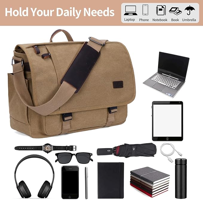 Nerlion Messenger Bag for Men 17-17.3 Inch Laptop Bag Canvas Water-resistant Computer Bag Shoulder Bag Work Briefcase Bookbag for College (Brown)
