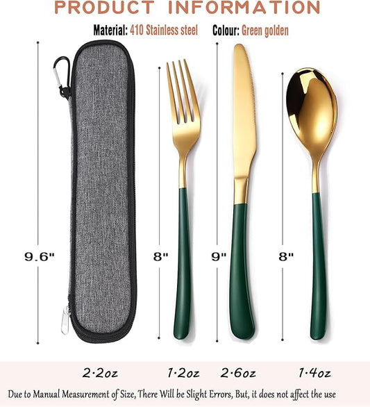 MURRI&MURRDI Stainless Steel Cutlery Set for 1, Reusable Flatware Set with Case, Cutlery Set for Work Stainless Steel Knife Fork Spoon Set 3 Piece (B- 3 Green Gold)