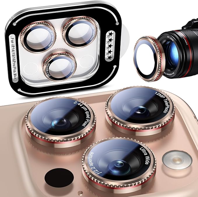 Uyiton for iPhone 17 Pro Max/17 Pro/16 Pro Max/16 Pro/15 Pro Max/15 Pro/14 Pro Max/14 Pro Camera Lens Protector - Military-Grade Tempered Glass Metal Camera Cover, Easy to Install, Gearwheel Gold+Red