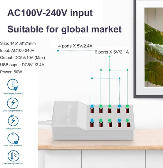 MaxLax USB Charger Station,10-Port 50W/10A Multiple USB Charging Station with Smart IC Technology,Multi Ports Charger Charging for Smartphones,Tablets,and Other Devices.