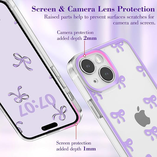 EYZUTAK Case for iPhone 14, Clear Cute Ribbon Bowknot Pattern Aesthetic Transparent Phone Case Raised Camera Protection Stylish Slim Soft Durable TPU Protective Cover for Women Girls - Purple