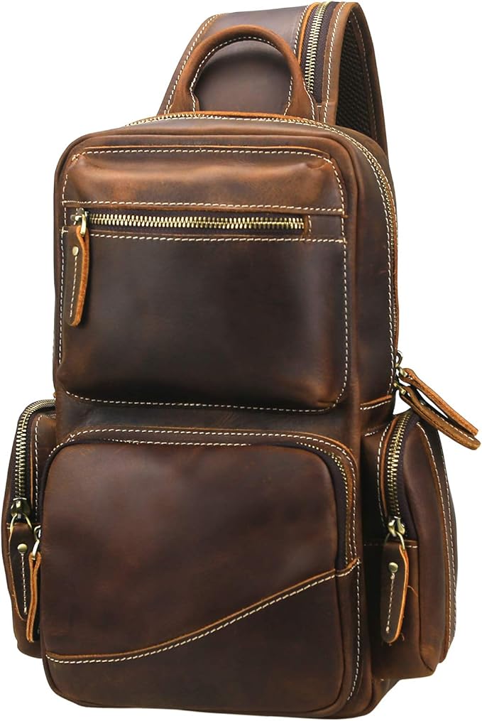 LANNSYNE Vintage Full Grain Leather Chest Sling Bag Fits 10.5 iPad Crossbody Single Strap Backpack for Men