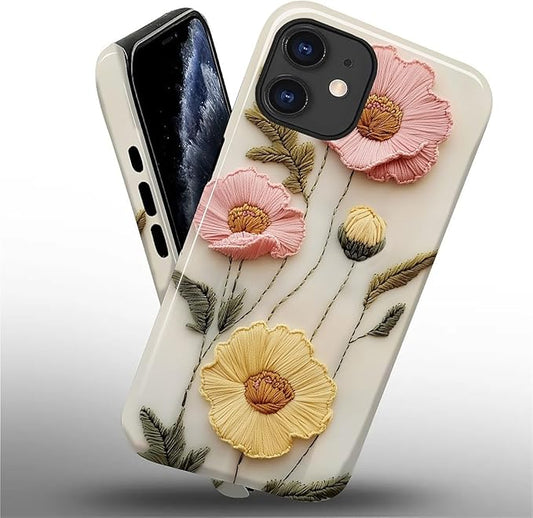 Case for iPhone 11 Case,Faux Embroidery Boho Floral Design - Hybrid Dual Protection Silicone + Hard PC Shockproof Full Body Cover Slim Anti-Scratch Protective Case for Men Women