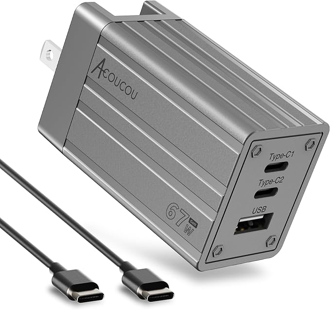 USB C Fast Charging Block,67W GaN Fast Charger 3-Port,Acoucou Adapter Type C Wall Chargers for iPhone 16,15,14,13,12, iPad, MacBook, Galaxy S25, S24, S23, Tablet