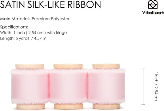 Vitalizart Pink Silk Satin Ribbon 1 Inch x 15 Yard Wooden Spool Handmade Frayed Ribbon for Gift Wrapping Baby Shower Wedding Bridal Bouquets Holiday Decor 3 Rolls x 5 Yard