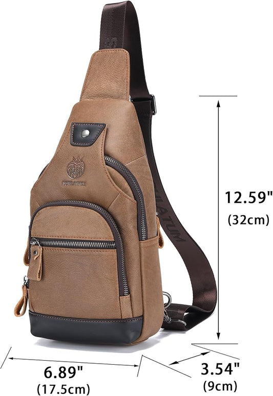LUKZIJAES Genuine Leather Sling Bag for Men Crossbody Bags Man Shoulder Chest Pack Hiking Casual Daypack Outdoor Travel Backpack (#1-Brown)