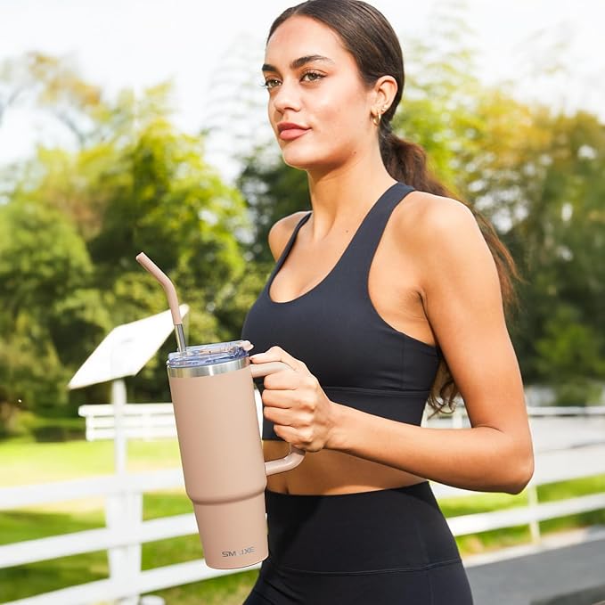 40 oz Tumbler with Handle and Straw Lid,Insulated Reusable Stainless Steel Water Bottle Travel Mug,Cupholder Friendly Double Wall Vacuum Sealed Cup (Mocha)