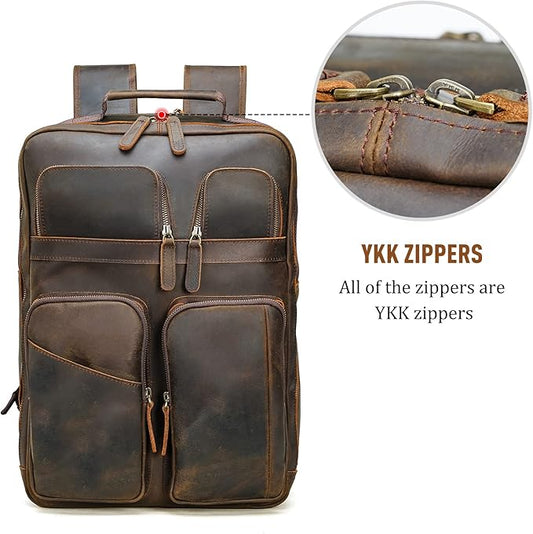 Polare 17.3 Inch Full Grain Leather Backpack for Men and Women Multi Pockets Business Travel Laptop Rucksack (Brown)