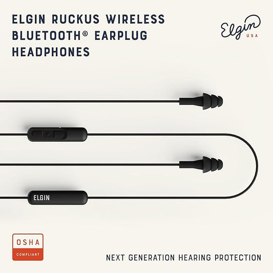 Elgin Ruckus Wireless Bluetooth Earplug Headphones, 25 dB Noise Reduction Ear Plug Earbuds, Noise Cancelling Mic, 12 Hour Battery, IP65 sweatproof, OSHA Compliant Hearing Protection, Work Safety