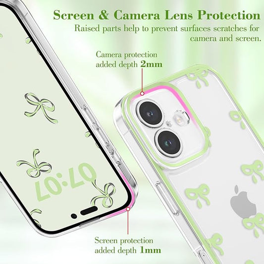 EYZUTAK Case for iPhone 16 Plus, Clear Cute Ribbon Bowknot Pattern Aesthetic Transparent Phone Case Raised Camera Protection Stylish Slim Soft Durable TPU Protective Cover for Women Girls - Green