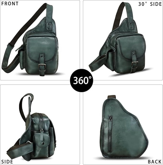 Genuine Leather Sling Bag for Men Women Chest Bags Crossbody Bag Vintage Sling Backpack Purses Hiking Sports Travel (Grey)