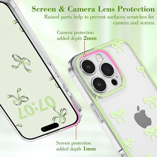 EYZUTAK Case for iPhone 16 Pro Max, Clear Cute Ribbon Bowknot Pattern Aesthetic Transparent Phone Case Raised Camera Protection Stylish Slim Soft Durable TPU Protective Cover for Women Girls - Green