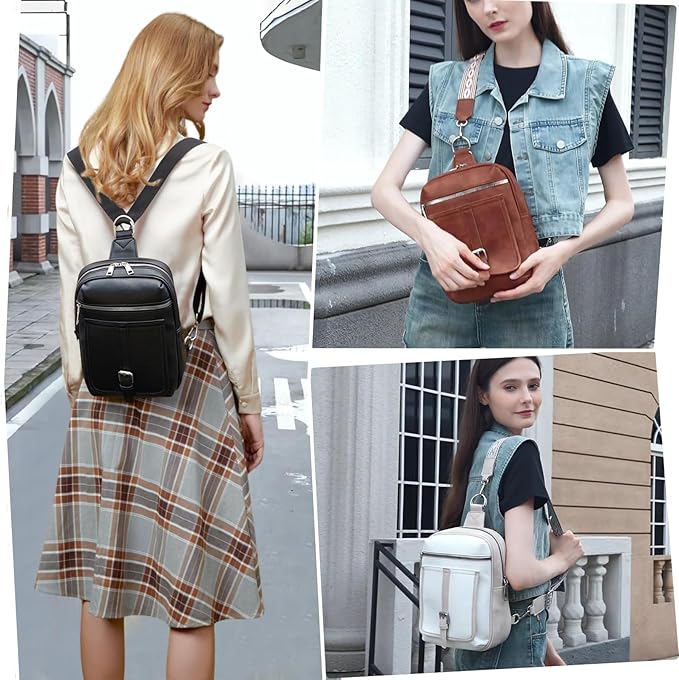 Sling Bag Crossbody Backpack - 2 in 1 Leather Cross Body Bag Fanny Pack with 2 Removable Straps