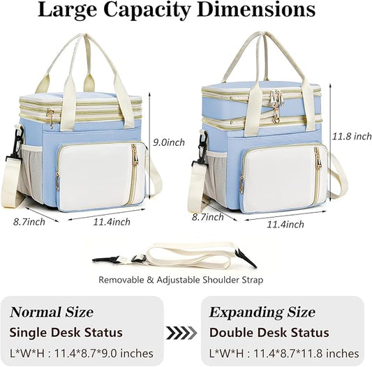 LOKASS Lunch Box for Women, 16L, Double Deck Expandable Insulated Lunch box For Adults/Women Thermal Large Waterproof Leakproof Cooler Bag with Shoulder Strap - Sky Blue