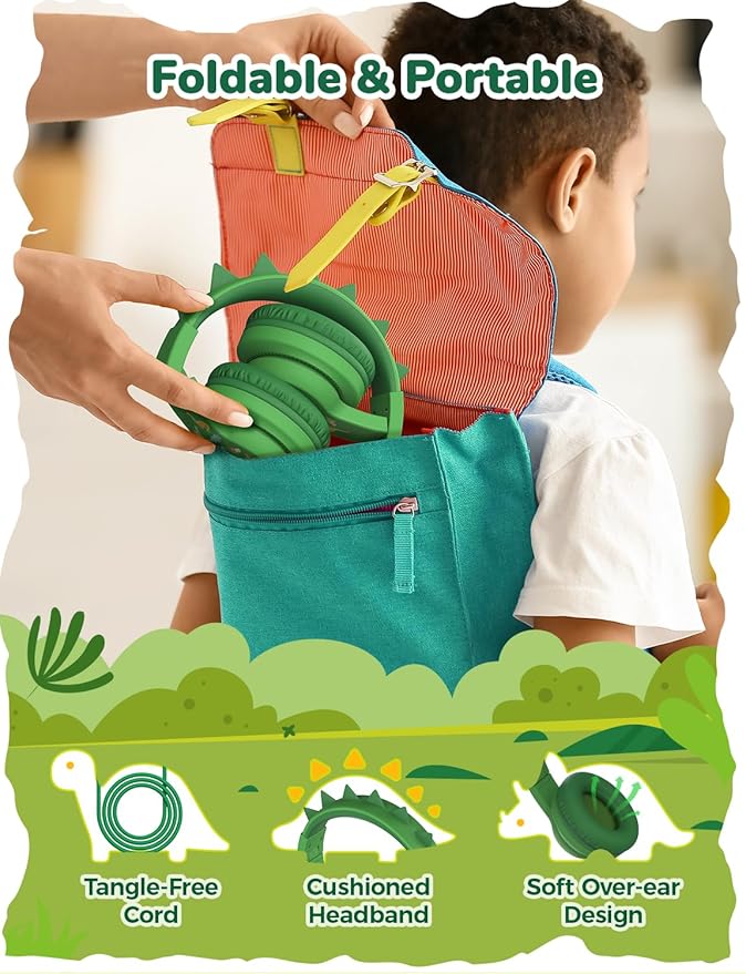 iClever Kids Headphones for School Travel, Safe Volume 85dBA, Stereo Sound Over-Ear for Kid, Foldable 3.5mm Wired Dinosaur Headphones for iPad Computer, HS19S