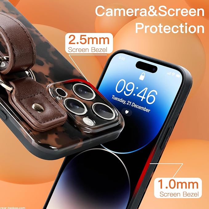Phone Case for iPhone 14 Pro Max Case with Strap Lightweight Tortoiseshell TPU Slim Phone Cover for Women Girls Grily Brown Shockproof Phone Cover for iPhone 14 Pro Max, Tortoise Print