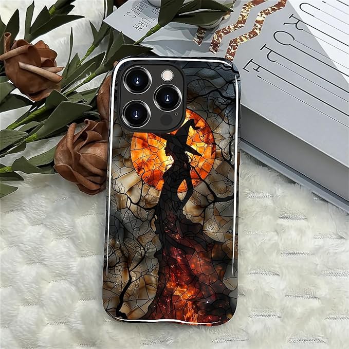 Case for iPhone 13 Pro Case,Halloween Witch Moon Stained Glass Design Hybrid Dual Protection Silicone + Hard PC Shockproof Full Body Cover Slim Anti-Scratch Protective Case for Men Women