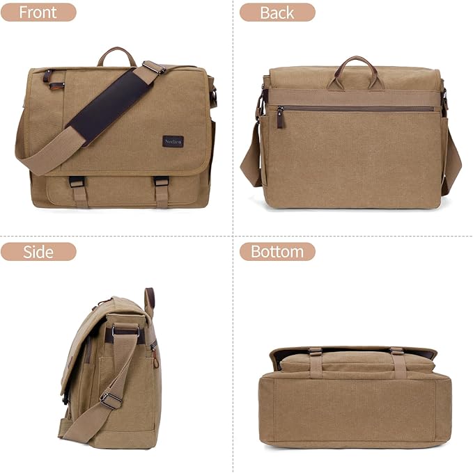 Nerlion Messenger Bag for Men 17-17.3 Inch Laptop Bag Canvas Water-resistant Computer Bag Shoulder Bag Work Briefcase Bookbag for College (Brown)