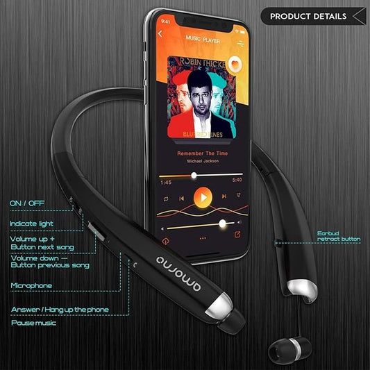 AMORNO Foldable Bluetooth Headphones, Wireless Neckband Sports Headset with Retractable Earbuds, Sweatproof Noise Cancelling Stereo Earphones with Mic