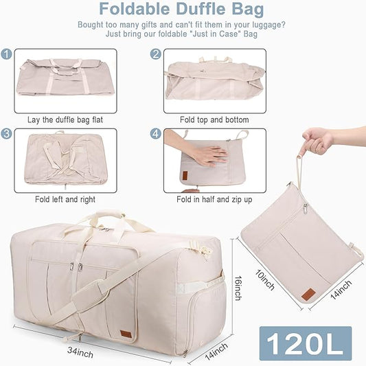 120L Travel Duffle Bag for Men and Women, Urtala 34” Large Duffle Bag for Traveling with Shoe Compartment, Foldable Duffel Bag Water & Tear Resistant (Beige)