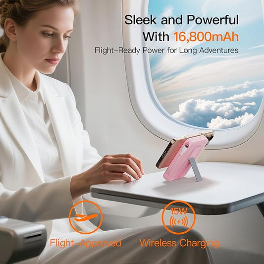 2025 Magnetic Battery Pack 16800mAh Mobile Power Bank, Portable Charger with Foldable Stand and Built-in Cable, 20W USB-C Fast Charging, Suitable for iPhone 17/16/15/14/13/12 Series