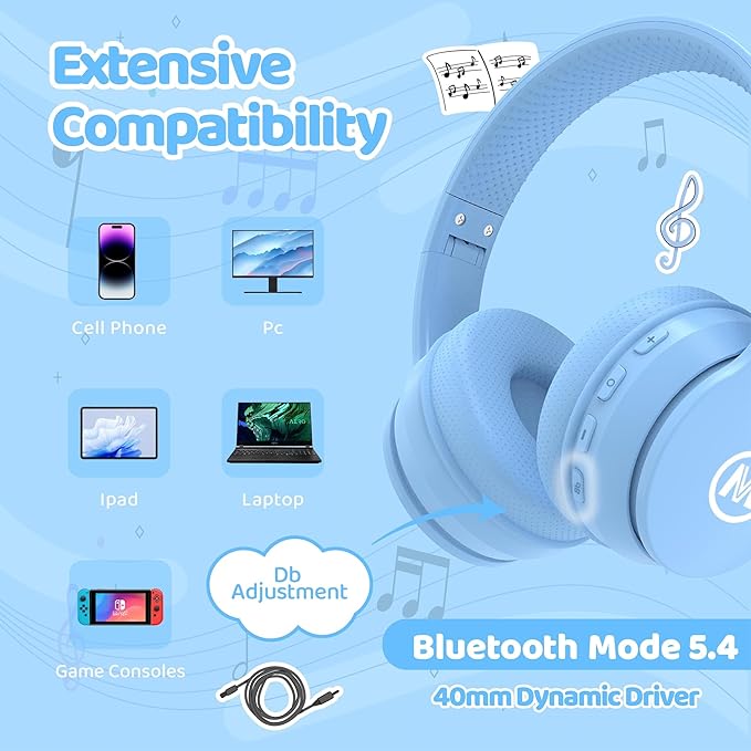 Headphones Kids Bluetooth 5.4 Wireless Play Time 68H Safe Volume Limit 85/94dB Over-Ear Foldable Headset,Fast Charging,with Aux Cord Built-in Mic for Toddler Child Pad Study Tablet Blue