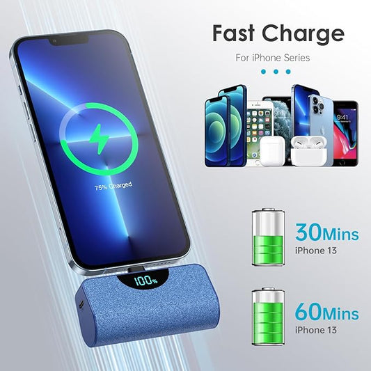 Mini Portable Charger Power Bank for iPhone, 5200mAh External Battery Charging Bank, 20W PD Fast Charging Battery Pack Portable Phone Charger for iPhone 14 Pro Max/14/13/12/11/XR/X/8/7/6/SE (Blue)