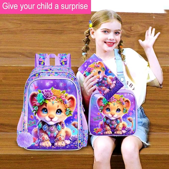3Pcs Backpack for Girls, 16" Lion Kids Bookbag for Elementary Preschool Kindergarten, School Backpacks with Lunch Box(Purple)