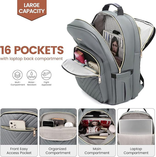 LOVEVOOK Laptop Backpack for Women 17.3 inch,Cute Womens Travel Backpack Purse,Professional Laptop Computer Bag,Waterproof Work Business College Teacher Bags Carry on Backpack with USB Port,Grey