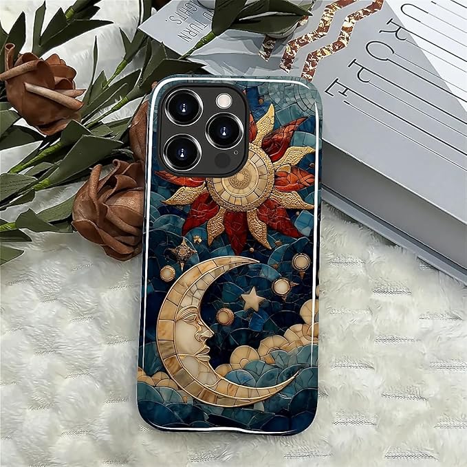 Case for iPhone 13 Pro Max Case,Sun Moon Stars Faux Stained Glass Design Hybrid Dual Protection Silicone + Hard PC Shockproof Full Body Cover,Slim Anti-Scratch Protective for Men Women