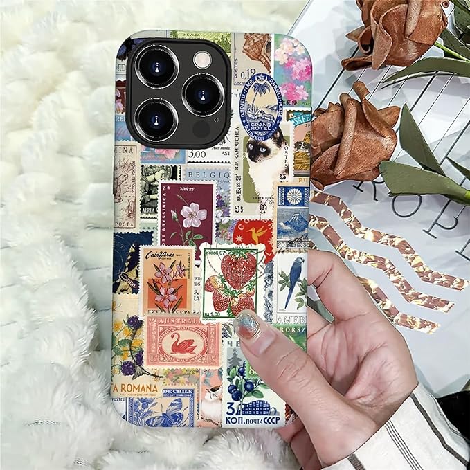 Case for iPhone 16 Pro Max,Vintage Stamp Collage for Woman Men Full Body Protective Cover Shockproof 2 in 1 Silicone + Hard PC Case for iPhone 16 Pro Max