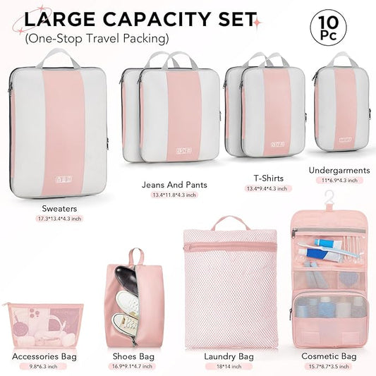 10 Set Compression Packing Cubes for Travel Essentials Women Mom,Compressible Expandable Packing Cubes for Suitcase,OlarHike Luggage Organizer Bags for Travel,Handy Helper for Organizing Clothes(Pink)