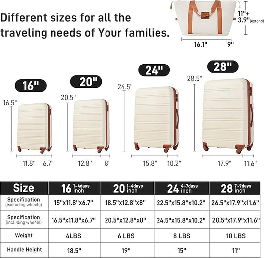 Merax Luggage sets of 13 Piece 16 20 24 28 IN Carry on Luggage sets 4 piece Hardcase White and Brown Luggage Expandable Suitcase Set with Wheels
