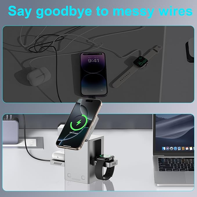 25W 3 in 1 Charging Station for Apple Devices,Auto Open/Close Mag-Safe Wireless Charging Stand Cube,Travel Wireless Charger Dock for iPhone 16/15/14Series & Apple Watch & AirPods (Metal Gray)